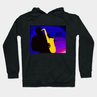 Silhouette of a Jazz Saxophone Player, Purple Blue Background Hoodie